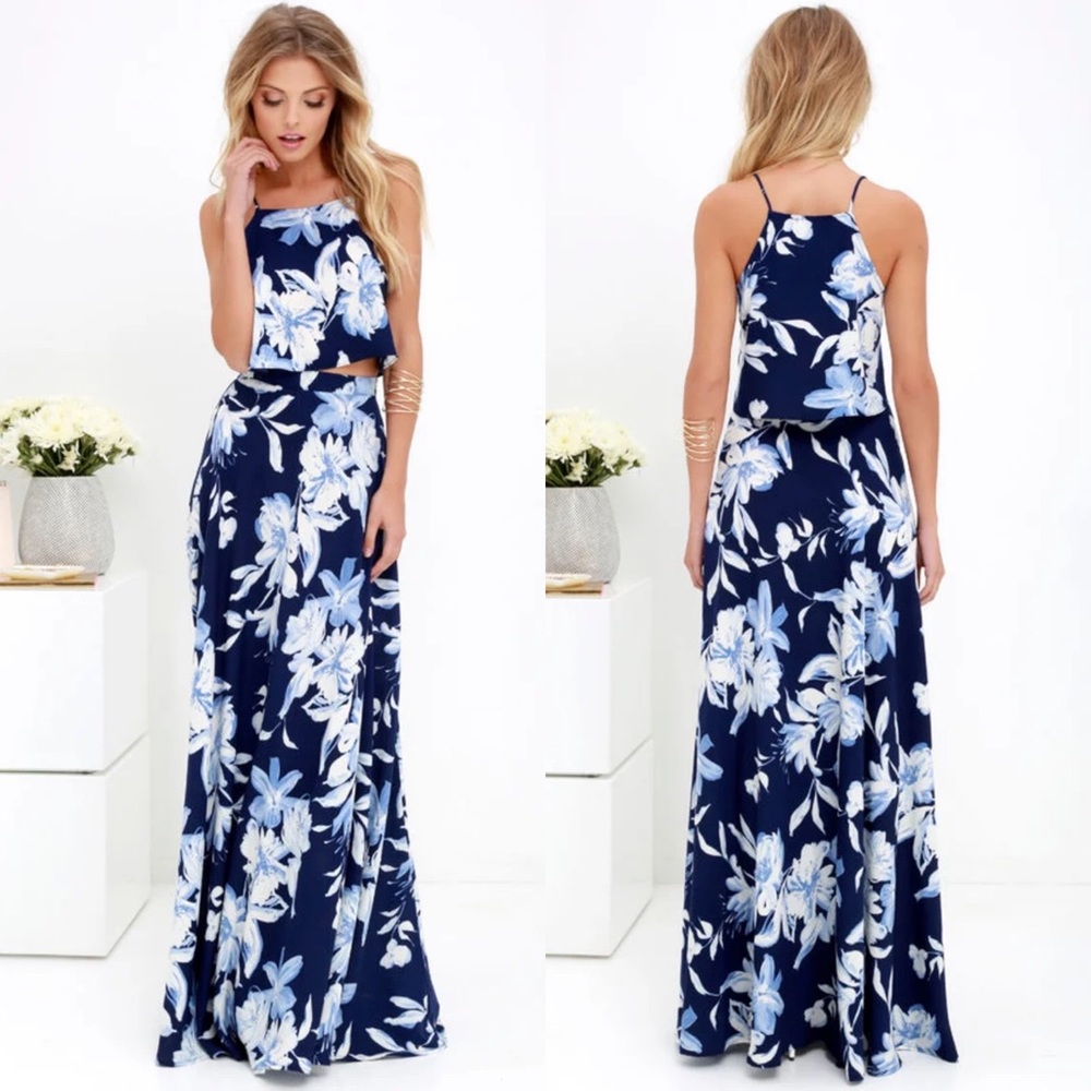 Lulu’s Navy Blue Floral Print Two-Piece Maxi Dress